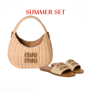 SUMMER SET: MIUMIU WANDER WICKER HOBO BAG TAN AND CARAMEL 13CM & MIUMIU RAFFIA EFFECT WOVEN FABRIC SLIDES NATURAL