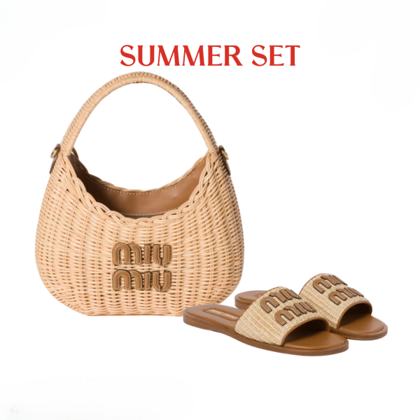 SUMMER SET: MIUMIU WANDER WICKER HOBO BAG TAN AND CARAMEL 13CM & MIUMIU RAFFIA EFFECT WOVEN FABRIC SLIDES NATURAL