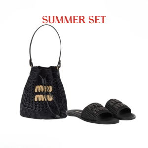 SUMMER SET: MIUMIU WOVEN FABRIC MINI BAG BLACK 22CM & RAFFIA EFFECT WOVEN FABRIC SLIDES BLACK