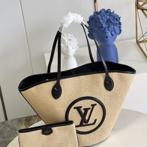 SUMMER SET: LOUIS VUITTON SAINT JACQUES BLACK 45CM & LOCK IT FLAT RAFFIA MULES BLACK