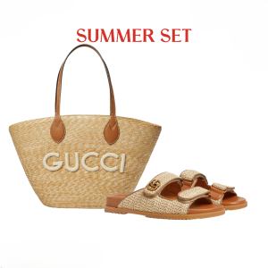 SUMMER SET: GUCCI MEDIUM STRAW TOTE WITH PATCH NATURAL 27CM & SANDAL WITH DOUBLE G NATURAL RAFFIA BROWN