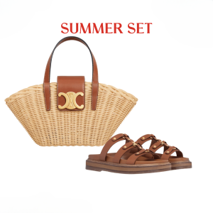 SUMMER SET: CELINE TEEN COUFFIN IN WICKER AND LEATHER TAN 15CM & CELINE SLIDES TIPPI IN VEGETAL BROWN 352343766C 04LU