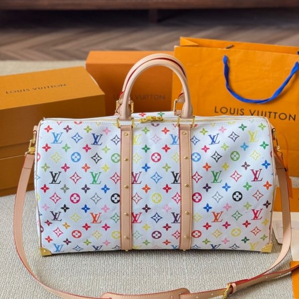 SUMMER SET: LOUIS VUITTON X MURAKAMI KEEPALL BANDOULIÈRE 45 BAG MULTICOLORE BLANC 45CM & ZIPPY WALLET WHITE MULTICOLORED