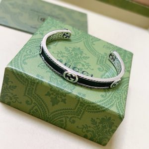 GUCCI CUFF BRACELET INTERLOCKING GG STERLING SILVER BLACK ENAMEL
