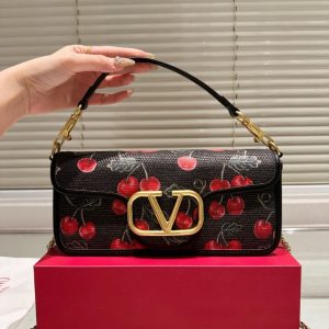 VALENTINO GARAVANI LOCÒ CHERRYFIC MOTIF SHOULDER BAG BLACK 26CM