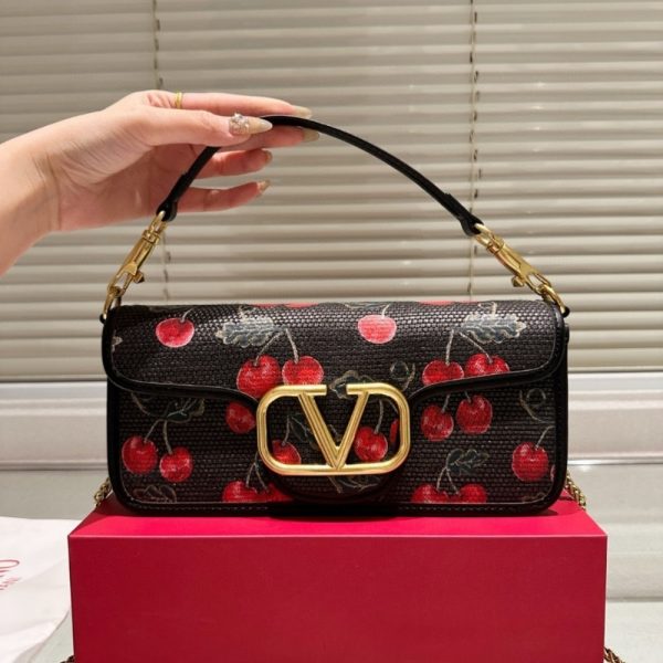 VALENTINO GARAVANI LOCÒ CHERRYFIC MOTIF SHOULDER BAG BLACK 26CM