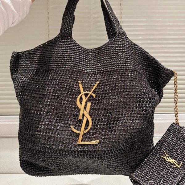SUMMER SET: SAINT LAURENT ICARE IN RAFFIA BLACK 45CM & YSL RAFFIA BUCKET HAT BLACK