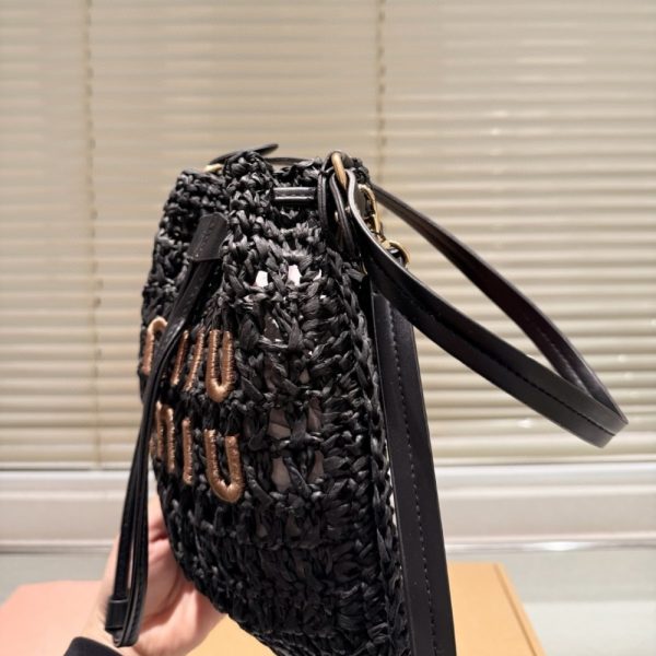 SUMMER SET: MIUMIU WOVEN FABRIC MINI BAG BLACK 22CM & RAFFIA EFFECT WOVEN FABRIC SLIDES BLACK