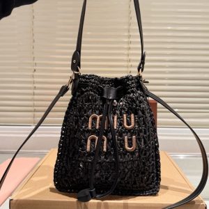 SUMMER SET: MIUMIU WOVEN FABRIC MINI BAG BLACK 22CM & RAFFIA EFFECT WOVEN FABRIC SLIDES BLACK