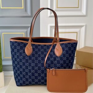 SUMMER SET: GUCCI TOTISSIMA LARGE TOTE BAG DENIM BLUE AND BROWN 30CM & GG DENIM BASEBALL HAT BLUE