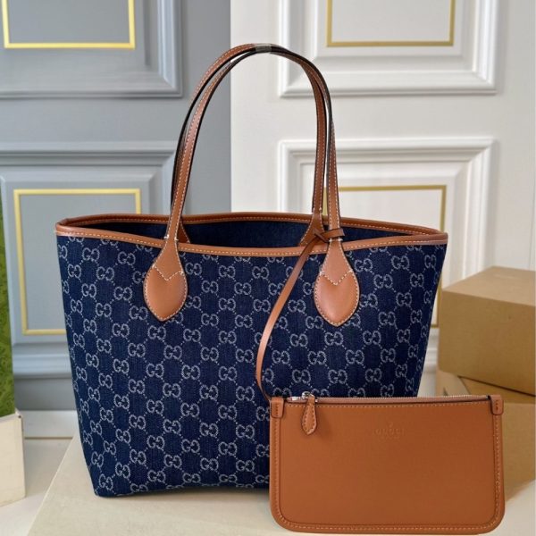 SUMMER SET: GUCCI TOTISSIMA LARGE TOTE BAG DENIM BLUE AND BROWN 30CM & GG DENIM BASEBALL HAT BLUE