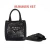 SUMMER SET: PRADA NATURAL RAFFIA LOGO TOTE BLACK 18CM & RAFFIA CRISSCROSS SLIDES BLACK
