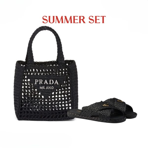 SUMMER SET: PRADA NATURAL RAFFIA LOGO TOTE BLACK 18CM & RAFFIA CRISSCROSS SLIDES BLACK