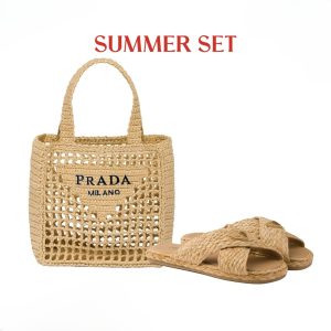 SUMMER SET: PRADA RAFFIA GRASS SMALL CROCHET TOTE BAG NATURAL 22CM & RAFFIA CRISSCROSS SLIDES NATURAL