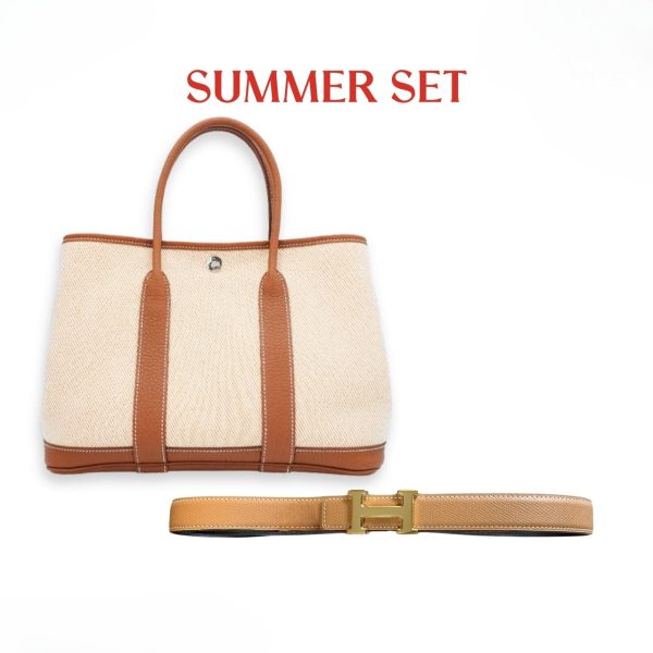 SUMMER SET: HERMES GARDEN PARTY 30 HANDBAG CANVAS ORANGE &  BELT TOGO SWIFT GOLD BUCKLE BROWN
