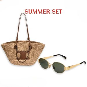 SUMMER SET: CELINE TRIOMPHE PANIER IN RAFFIA AND CALFSKIN TAN & SUNGLASSES METAL OVALE GOLD