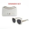 SUMMER SET: CHANEL CLASSIC DOUBLE FLAP BAG WHITE SILVER HARDWARE & SQUARE SUNGLASSES TWEED ACCENT IN WHITE