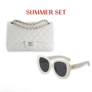 SUMMER SET: CHANEL CLASSIC DOUBLE FLAP BAG WHITE SILVER HARDWARE & SQUARE SUNGLASSES TWEED ACCENT IN WHITE
