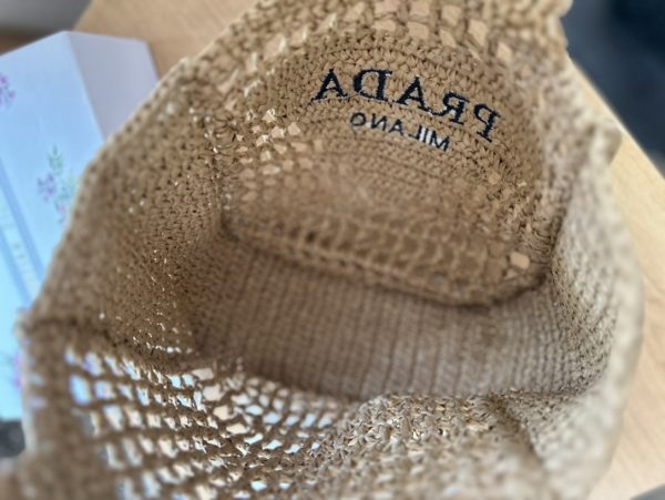 SUMMER SET: PRADA RAFFIA GRASS SMALL CROCHET TOTE BAG NATURAL 22CM & RAFFIA CRISSCROSS SLIDES NATURAL