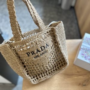 SUMMER SET: PRADA RAFFIA GRASS SMALL CROCHET TOTE BAG NATURAL 22CM & RAFFIA CRISSCROSS SLIDES NATURAL