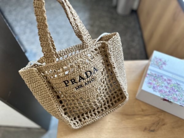 SUMMER SET: PRADA RAFFIA GRASS SMALL CROCHET TOTE BAG NATURAL 22CM & RAFFIA CRISSCROSS SLIDES NATURAL