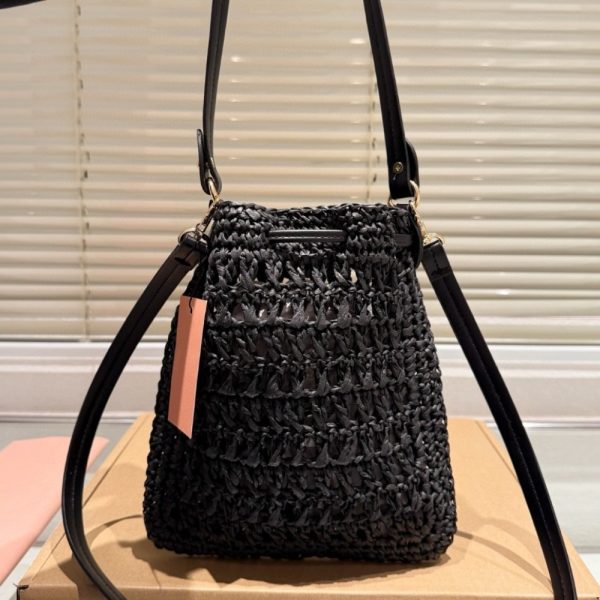 SUMMER SET: MIUMIU WOVEN FABRIC MINI BAG BLACK 22CM & RAFFIA EFFECT WOVEN FABRIC SLIDES BLACK