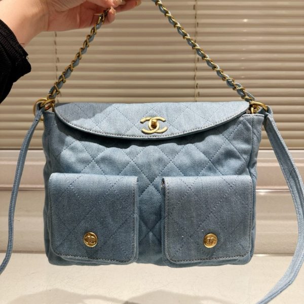 CHANEL LARGE SUPPLE TWINS HOBO BAG BLUE DENIM 28CM