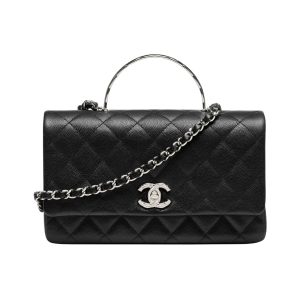 CHANEL SMALL FLAP BAG WITH TOP HANDLE SILVER TONE METAL BLACK 19CM AS5555 B20557 94305