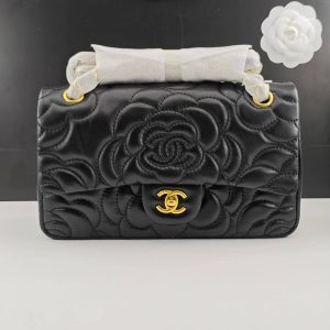 CHANEL CAMELLIA SHOULDER BAGS BLACK 25CM