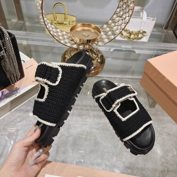MIUMIU CROCHET KNIT SLIDES BLACK