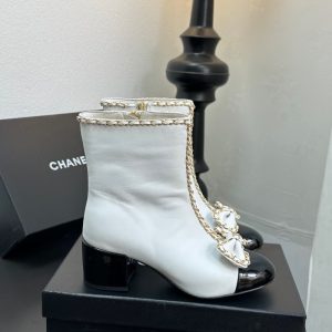 CHANEL RIBBON CHAIN BOOTS WHITE