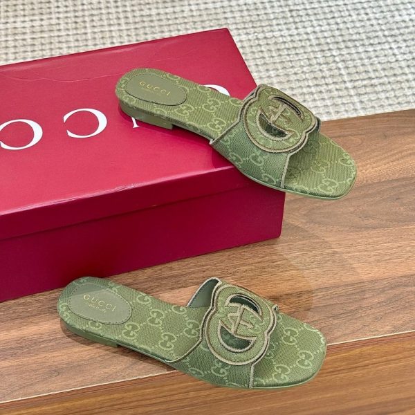 GUCCI WOMEN SLIDE SANDAL WITH INTERLOCKING G GREEN GG CANVAS‎ ‎790447 9SF00 3005