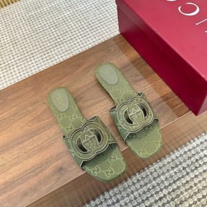 GUCCI WOMEN SLIDE SANDAL WITH INTERLOCKING G GREEN GG CANVAS‎ ‎790447 9SF00 3005