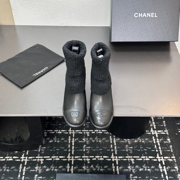 CHANEL LEATHER KNIT BOOTS BLACK