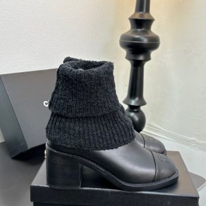 CHANEL LEATHER KNIT BOOTS BLACK
