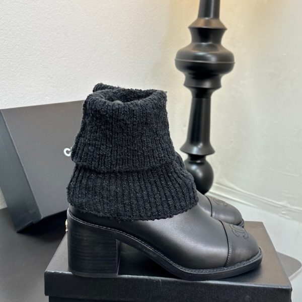 CHANEL LEATHER KNIT BOOTS BLACK