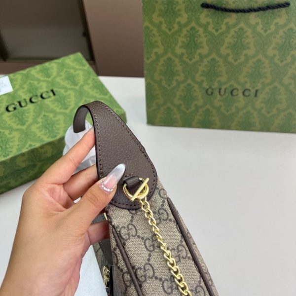 GUCCI OPHIDIA SMALL SHOULDER BAG BEIGE AND DARK BROWN GG FABRIC 22CM 838463 FAE0P 9746