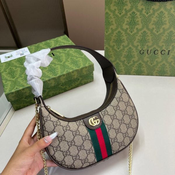 GUCCI OPHIDIA SMALL SHOULDER BAG BEIGE AND DARK BROWN GG FABRIC 22CM 838463 FAE0P 9746