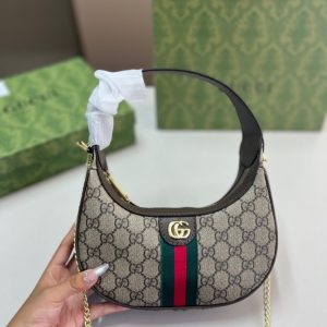 GUCCI OPHIDIA SMALL SHOULDER BAG BEIGE AND DARK BROWN GG FABRIC 22CM 838463 FAE0P 9746