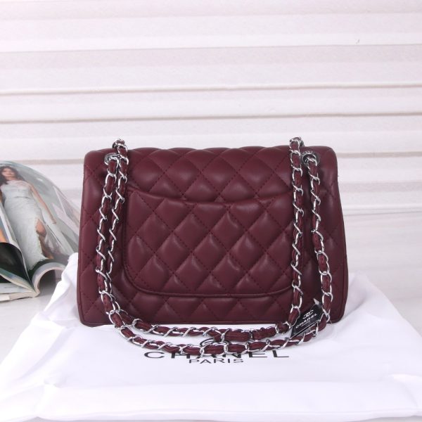 CHANEL MEDIUM CLASSIC DOUBLE FLAP BURGUNDY SILVER HARDWARE 27CM