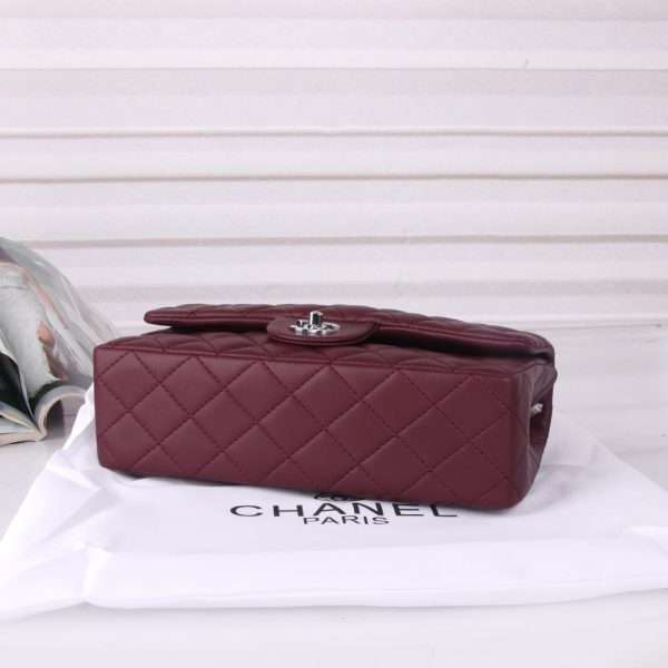 CHANEL MEDIUM CLASSIC DOUBLE FLAP BURGUNDY SILVER HARDWARE 27CM