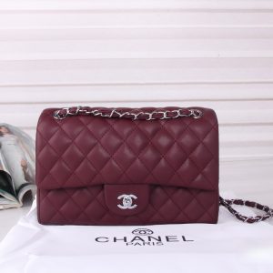 CHANEL MEDIUM CLASSIC DOUBLE FLAP BURGUNDY SILVER HARDWARE 27CM