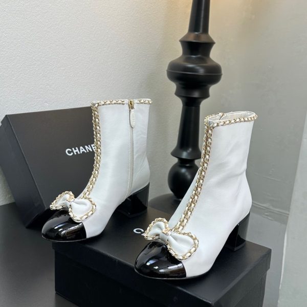 CHANEL RIBBON CHAIN BOOTS WHITE