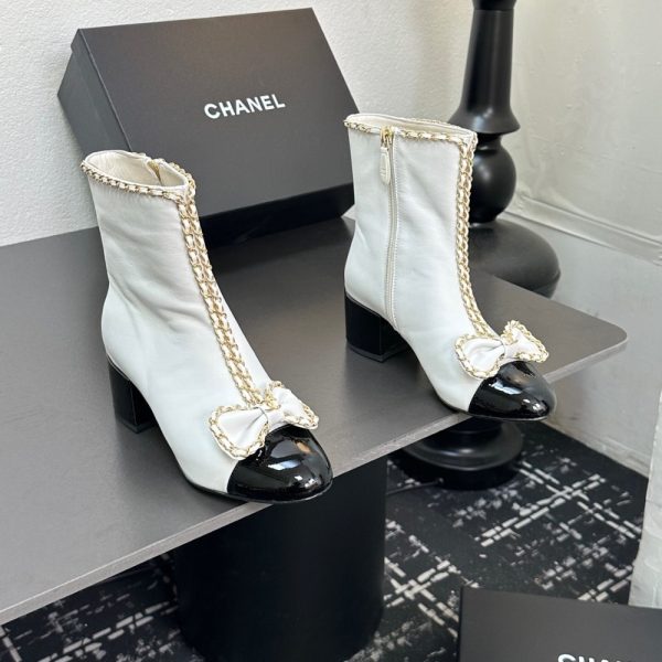 CHANEL RIBBON CHAIN BOOTS WHITE