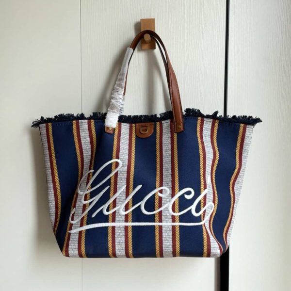 GUCCI EMBROIDERED LARGE CANVAS TOTE BAG IN DARK BLUE AND MULTICOLOR 37CM 818779 FAEF8 8796