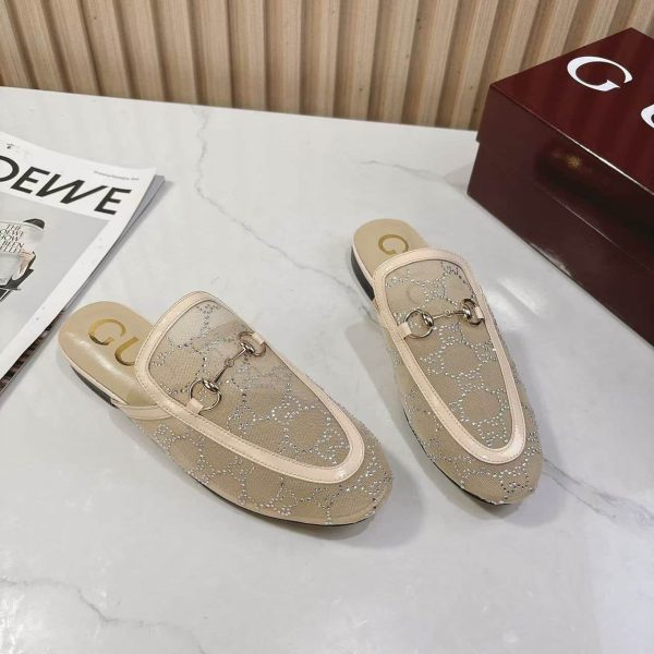 GUCCI WOMEN GG CRYSTAL PRINCETOWN SLIPPER BEIGE ‎835484 FAEQ0 9941