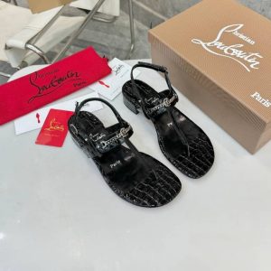 CHRISTIAN LOUBOUTIN MJ EMBELLISHED CROC EFFECT PATENT SANDALS BLACK