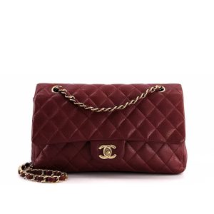 CHANEL MEDIUM CLASSIC DOUBLE FLAP BURGUNDY GOLD HARDWARE 25CM