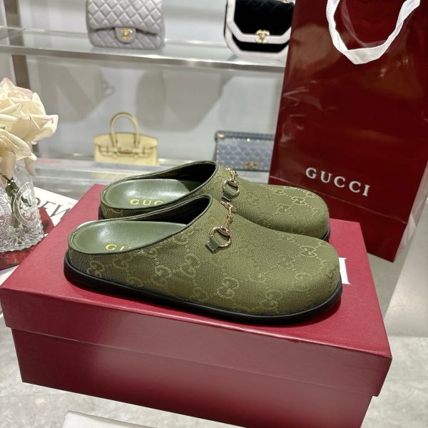 GUCCI WOMEN MULE WITH HORSEBIT DARK GREEN GG CANVAS 837130 FAB10 3046