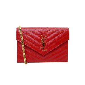 SAINT LAURENT CASSANDRE MATELASSÉ ENVELOPE CHAIN WALLET IN GRAIN DE POUDRE EMBOSSED LEATHER OPYUM RED 695108BOW016008